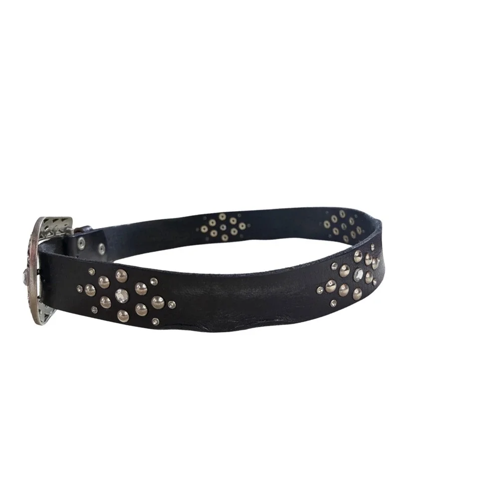 BKE Womens Black Leather Western‎ Belt Crystal Studded Silver Buckle Size S